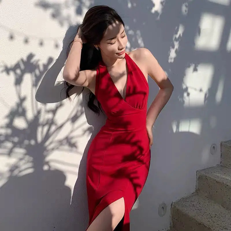 Women Sleeveless Chest Wrap Maxi Dress Split Deep Sexy V Neck Party Elegant Red Evening Dresses Summer Female Fashion Mini Robe