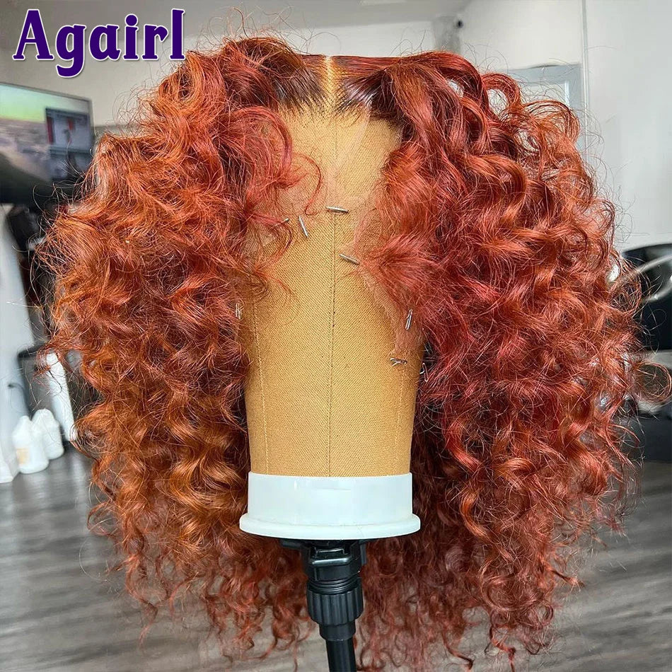 Orange Brown 13x6 Deep Curly Short Bob Human Hair Wigs
