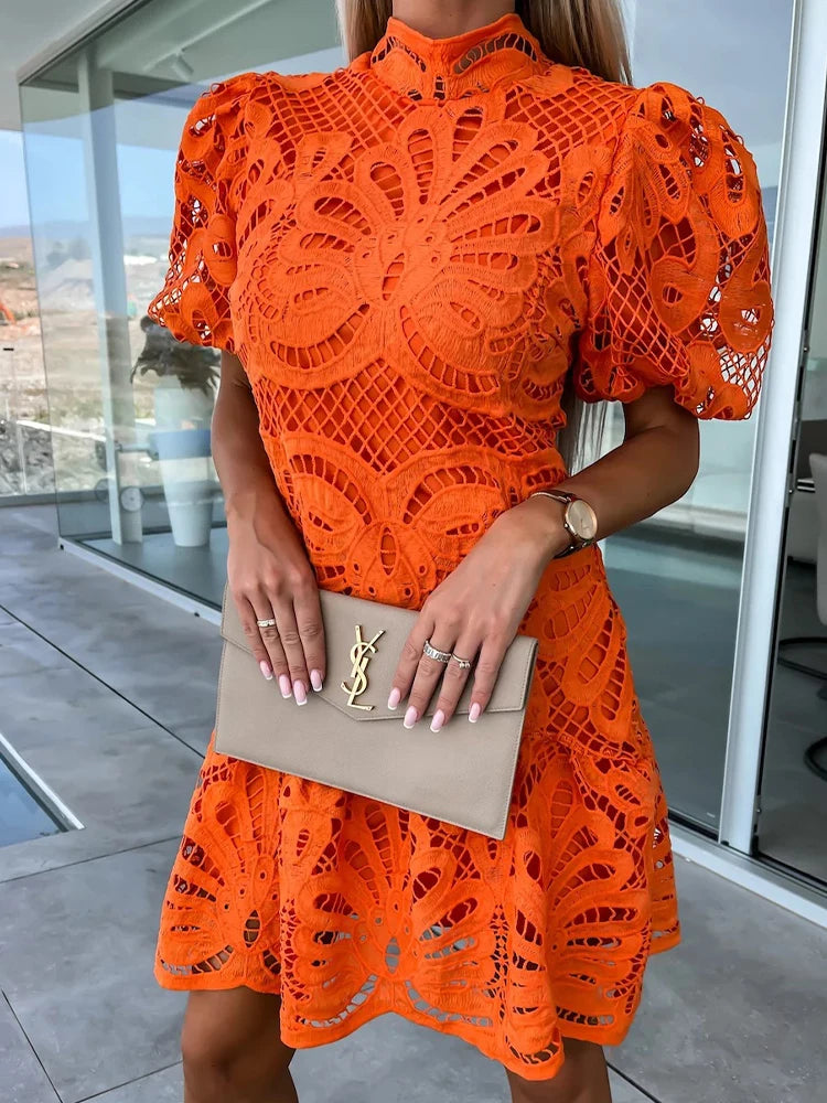 Summer Short Sleeve Hollow Out Short Dress