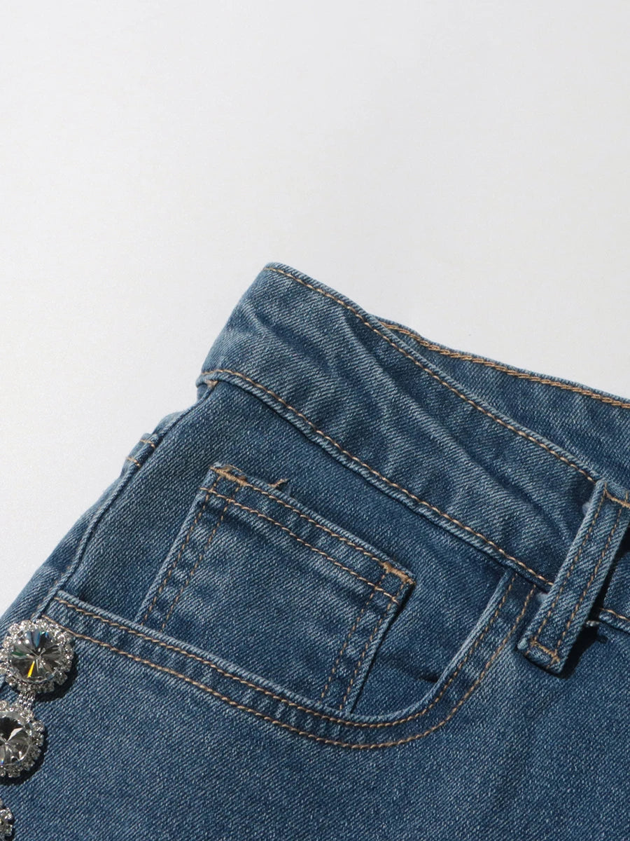 High Waist Spliced Solid Patchwork Diamonds Straight Jeans