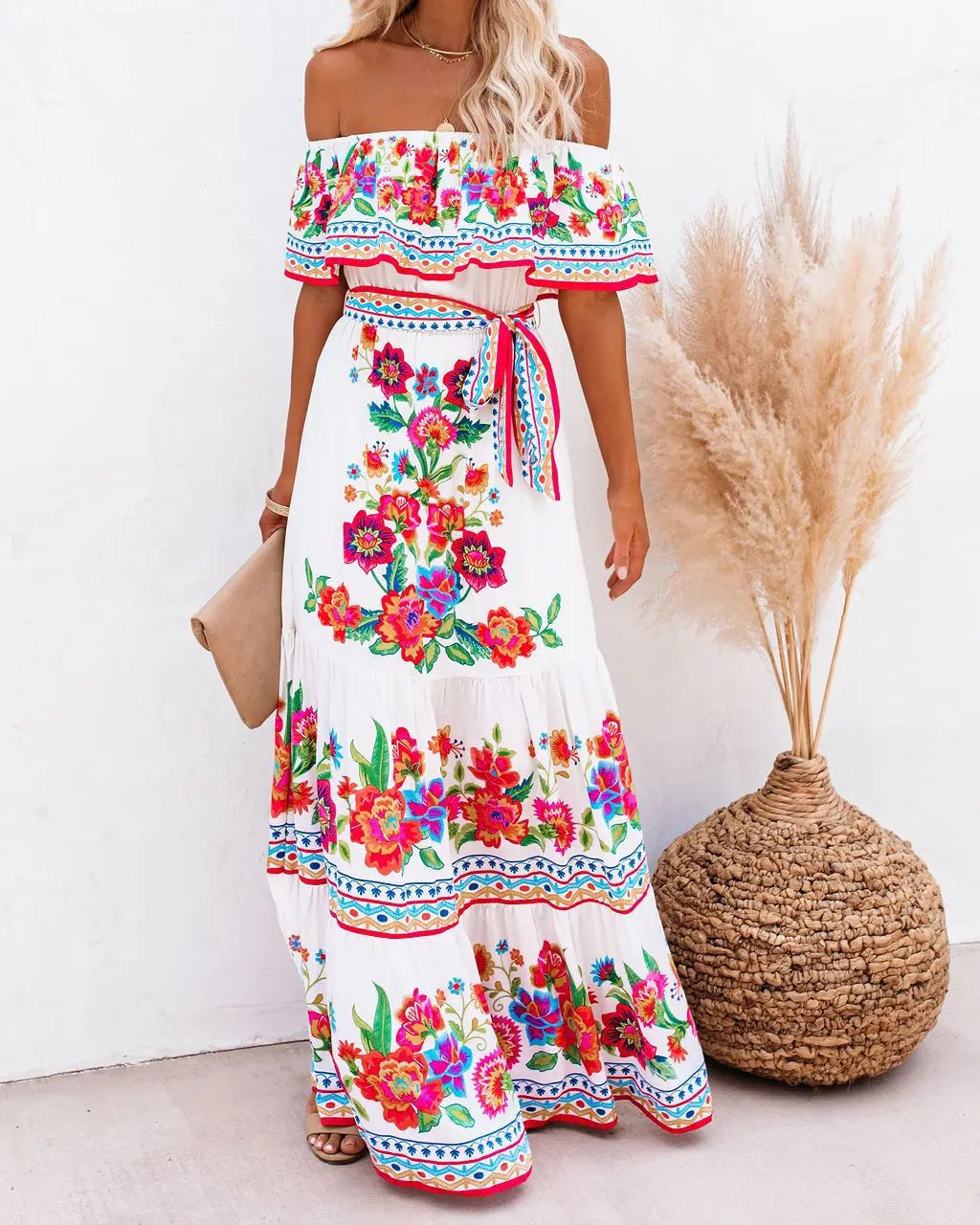 Spring Summer Red Floral One-Shoulder Lace-Up Maxi Dress