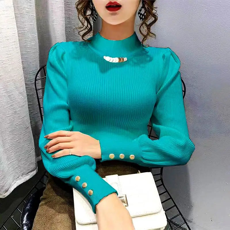 Elegant Solid Color Button Puff Sleeve Sweaters