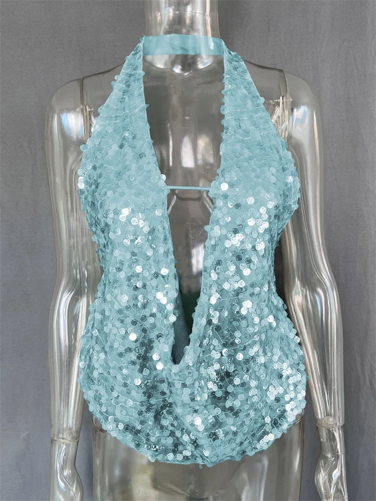 Summer Sequin Sexy Backless V-Neck Hollow Out Patchwork Glitter Tank Top