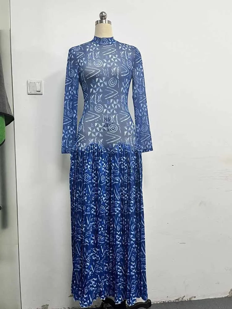 Royal Blue Mid-turtleneck High Waist Transparent  Light Long Dress with Sleeves