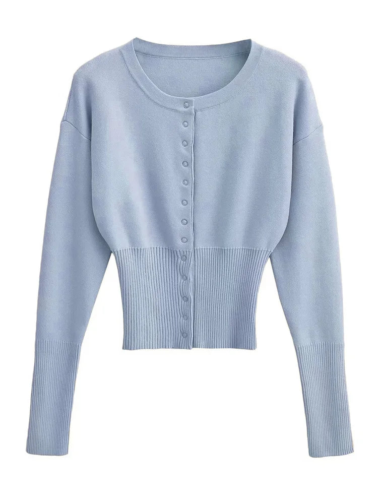 Autumn Fashion Ribbed Patchwork Slim Casual Cropped Knit Cardigan