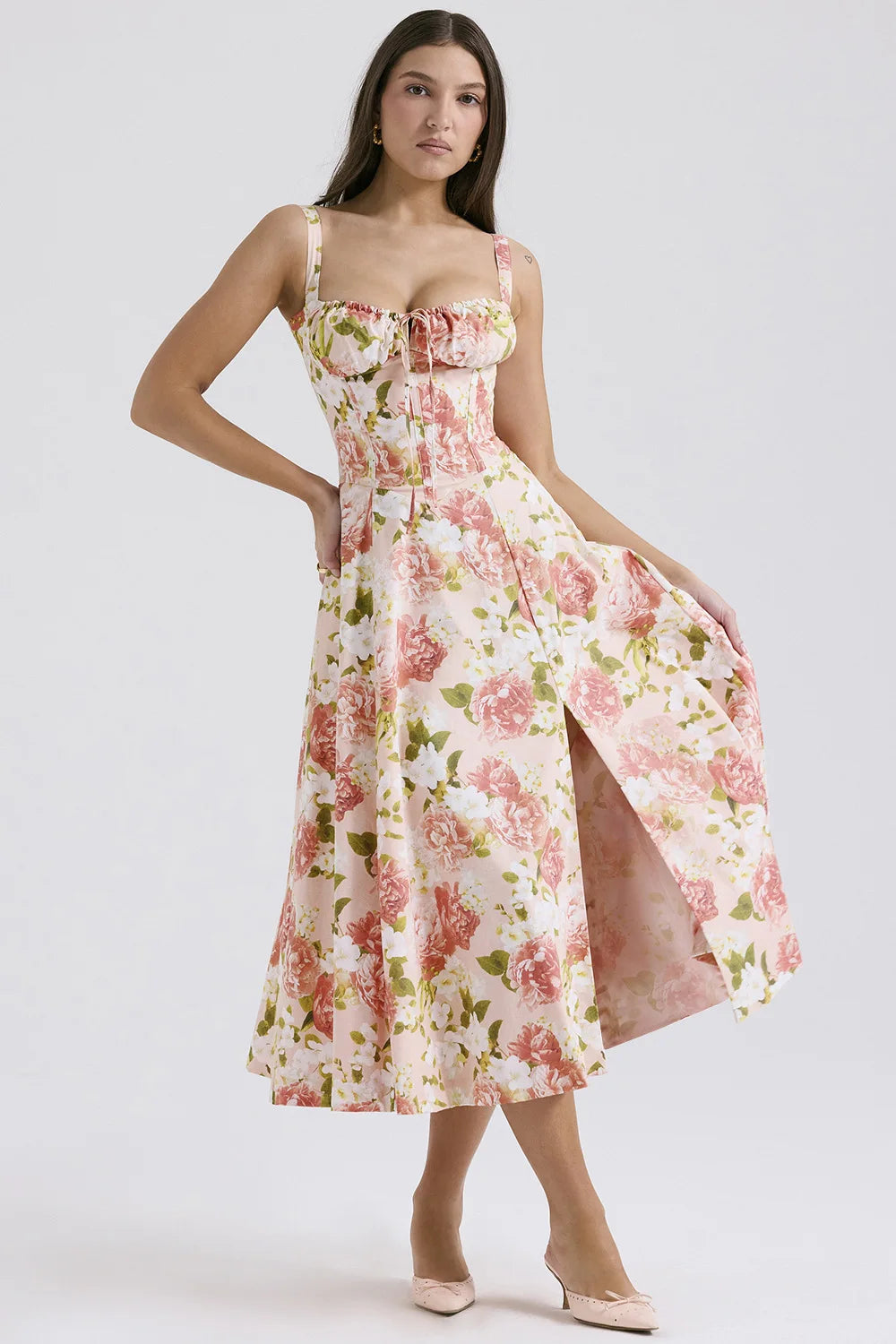 Off Shoulder Flower Print High Split Elegant Long Dresses
