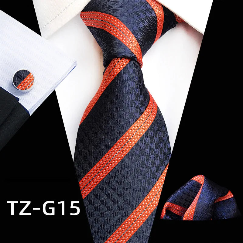 Orange Novelty Ties Plaid Flower Design Wedding Necktie Hanky Cufflinks