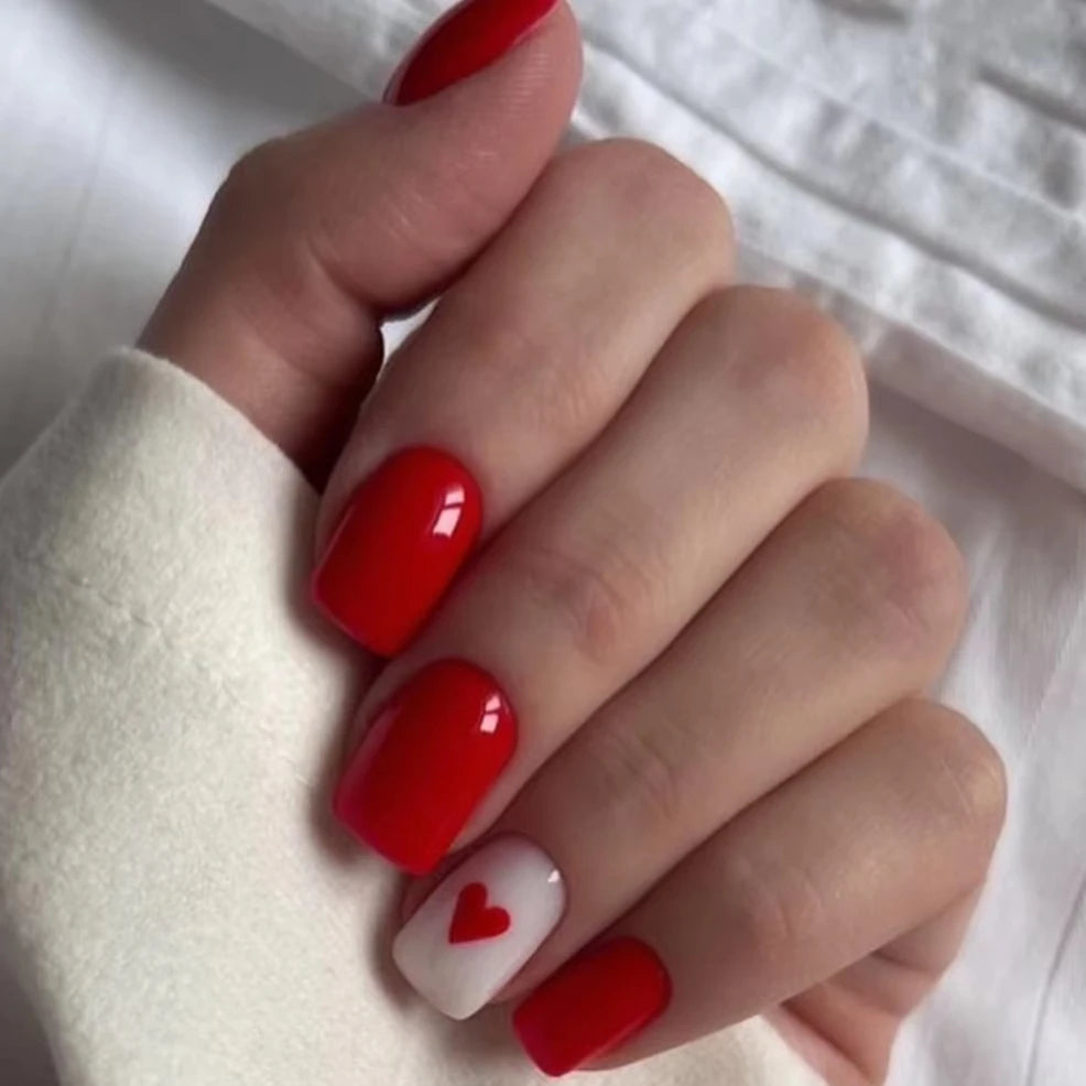 Romantic Valentine's Day Red Love Heart Charm Red Lips Almond Fake Nails
