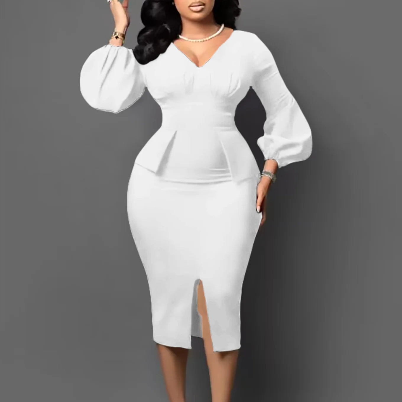 New  V-neck Puffed Sleeve Slit Dress