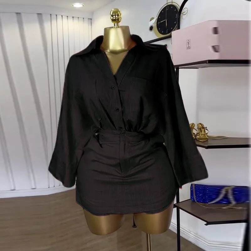 Full Sleeve Turn-down Collar T-shirt and Shorts 2 Piece Sets