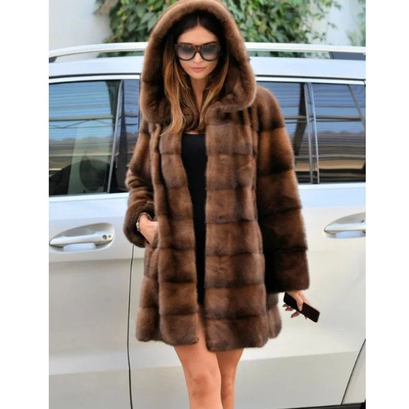 Women’s Faux Fur Mid-Length Hooded Coat – Thick, Warm & Effortlessly Elegant for Autumn/Winter