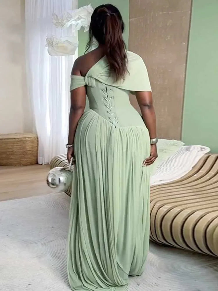 Curvy Pleated  Waist Slimming Assymetric V Neck Off Shoulder Dress