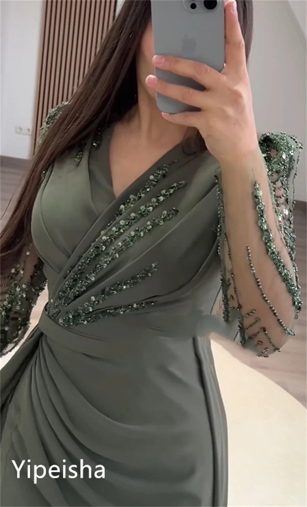 Customized Elegant V-neck Sheath Celebrity Sequin Flowers Fold Satin Prom Dresses vestidos para mujer gala