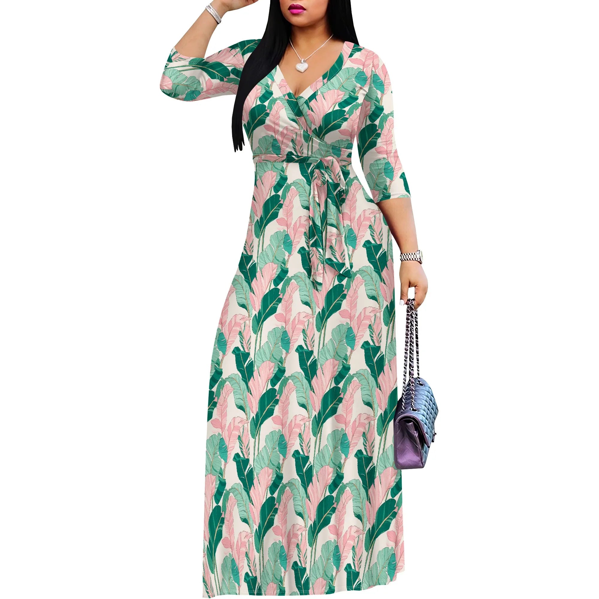 Tropical Leaf Print V-Neck Maxi Dress