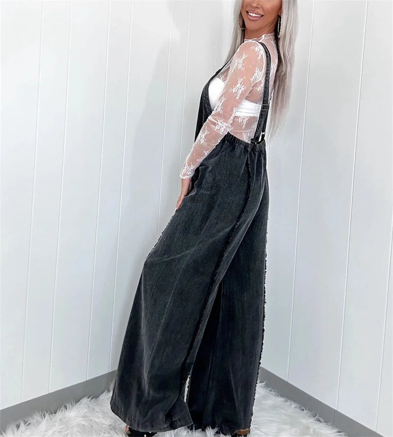 Vintage Washed Raw Edge Denim Jumpsuit