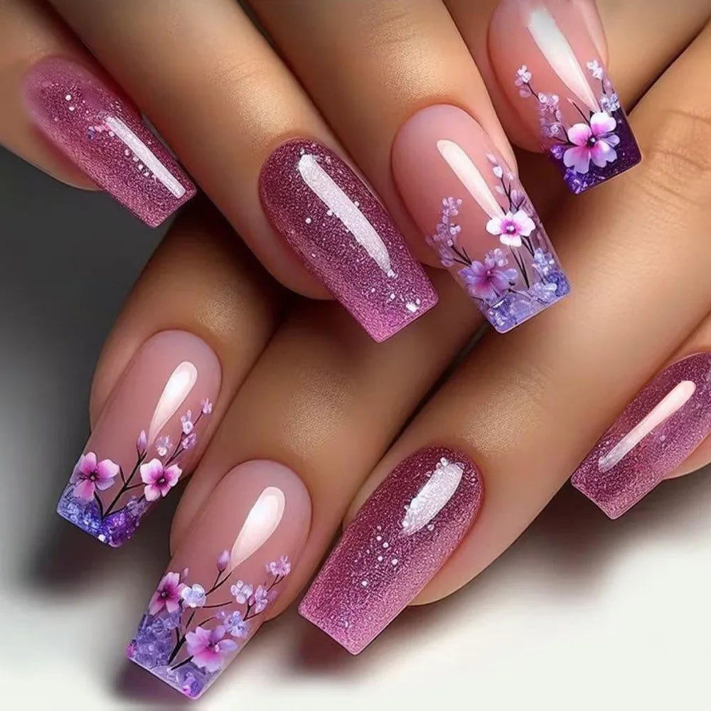 24pcs Press on Nails Flower Design