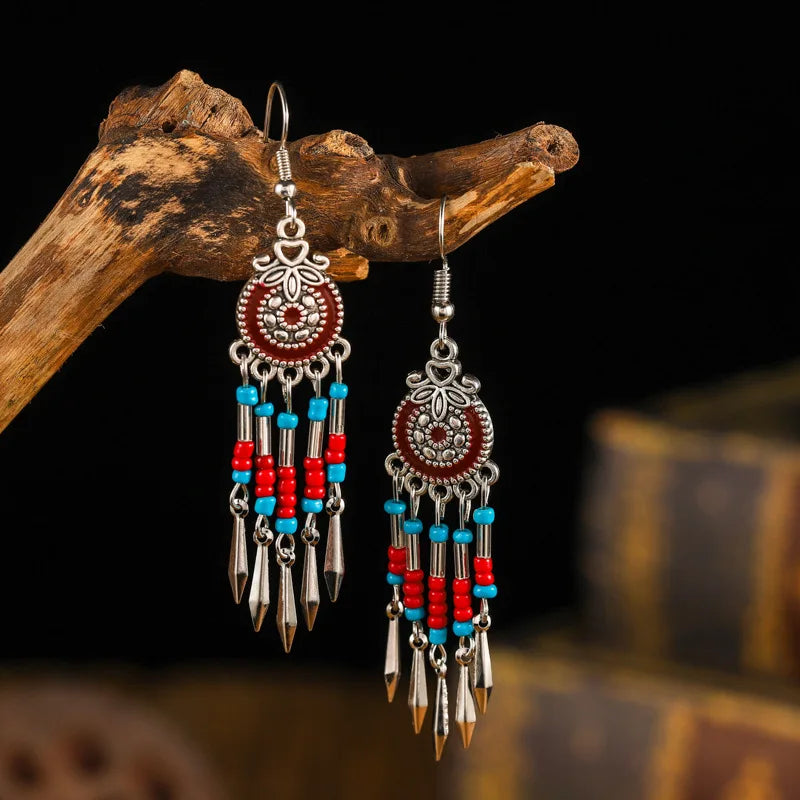 Bohemian Cute Drop Geometric Enamel Handmade Beads Tassel Vintage Boho Earrings