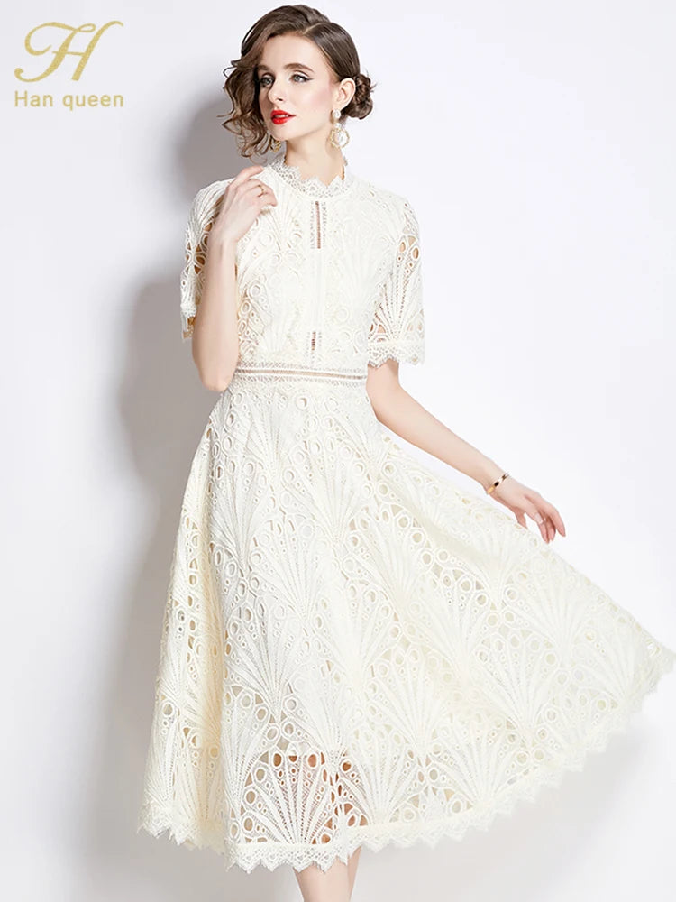 Spring New Elegant Floral Crochet Hollow Out Lace Patchwork Casual Office Midi Dress