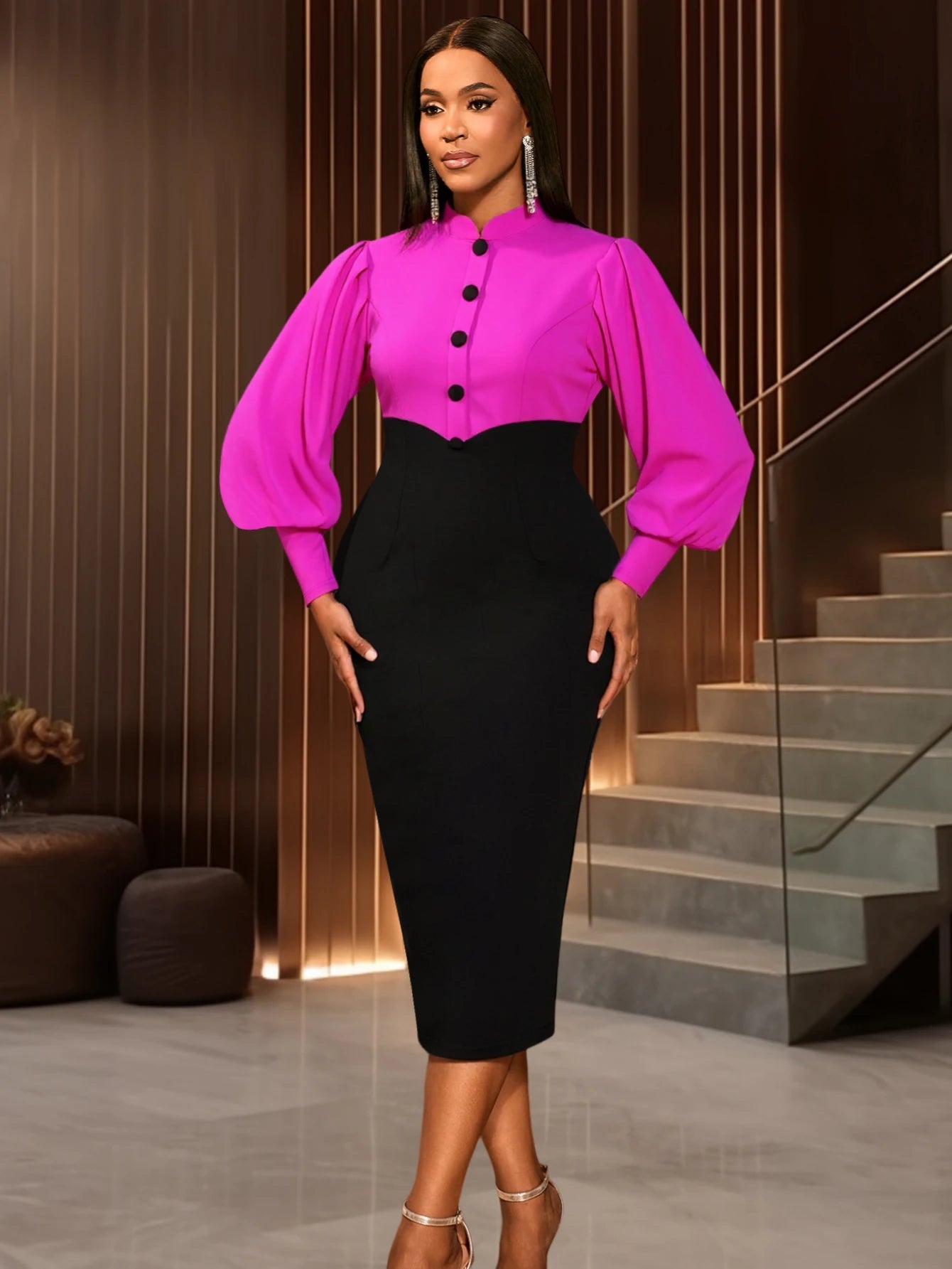 Women’s Elegant Colorblock Mock Neck Dress