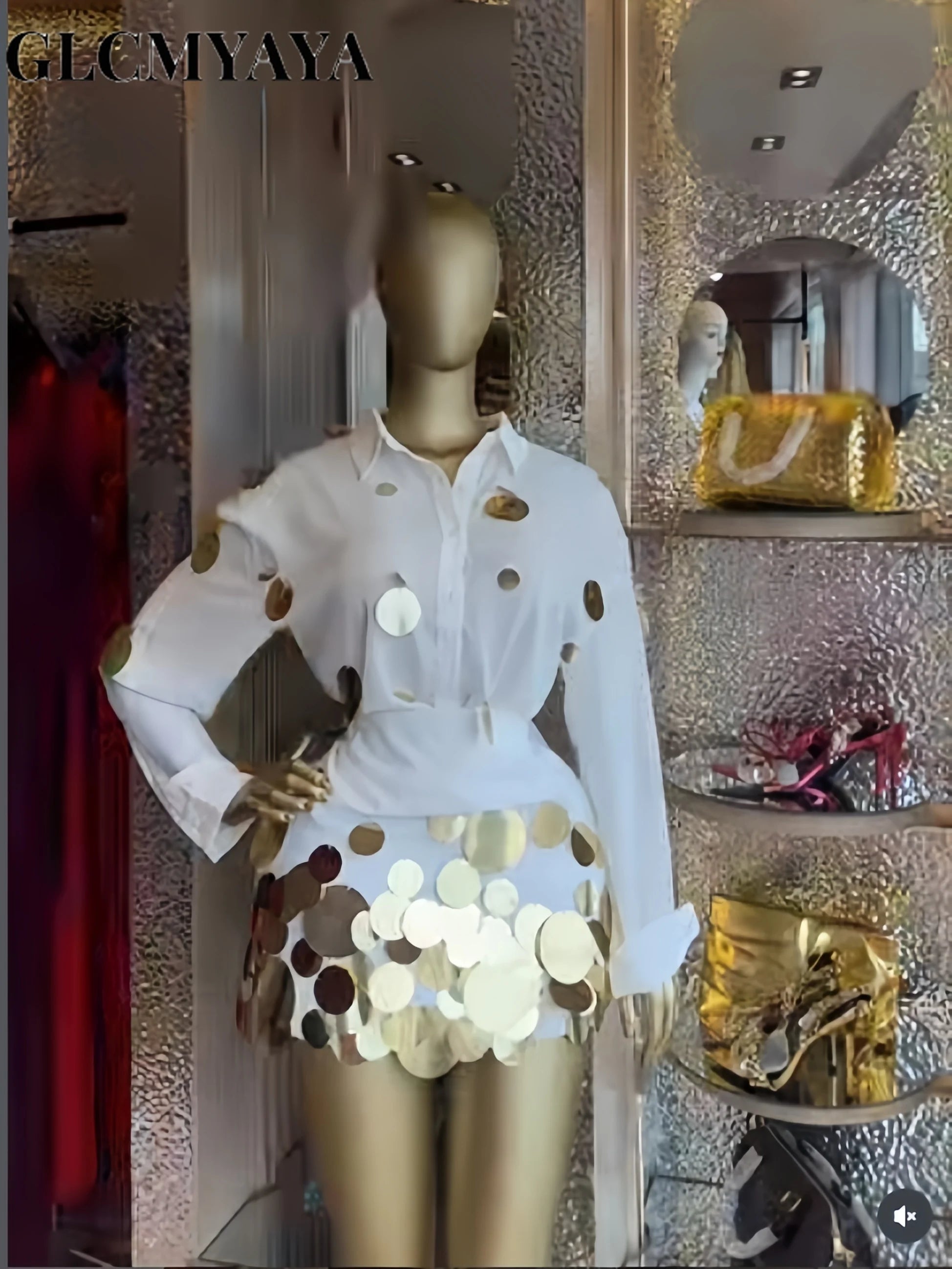 Fashion Sequined Splicing  Lapel Collar Shirt and Midi A-line Skirt Suit