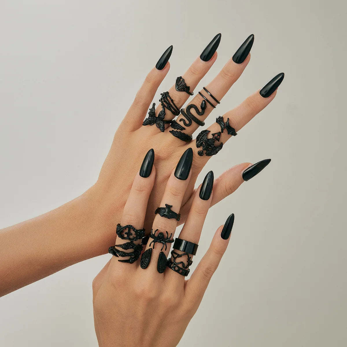 Gothic Punk Black Snake Buttefly Spider Bat Heart Rings Set