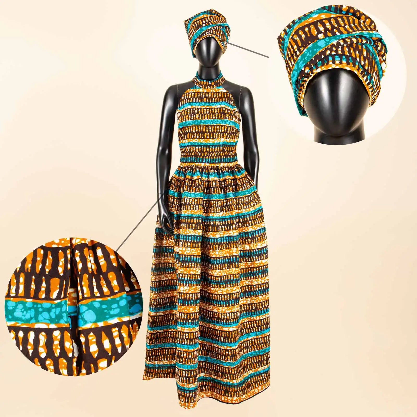 Print Sleeveless Vintage Bow Halter Floor- Length  Maxi Dresses with Headscarf