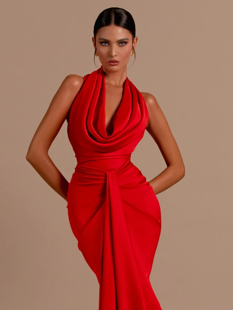 Sexy Swinging Collar Backless Pleated Red Sleeveless Draped Design Maxi Dress