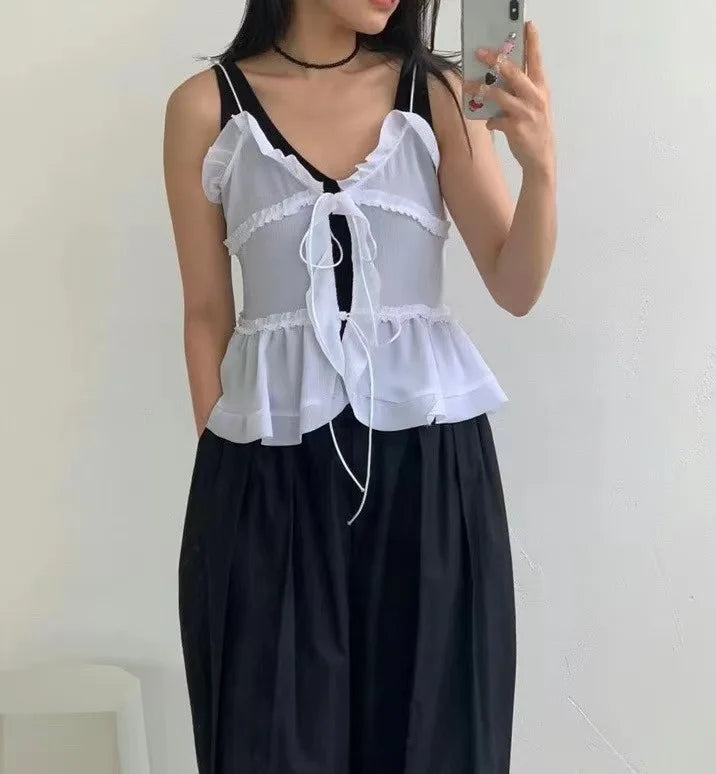 Summer Sleeveless Chiffon Tie Detail Cami Tops