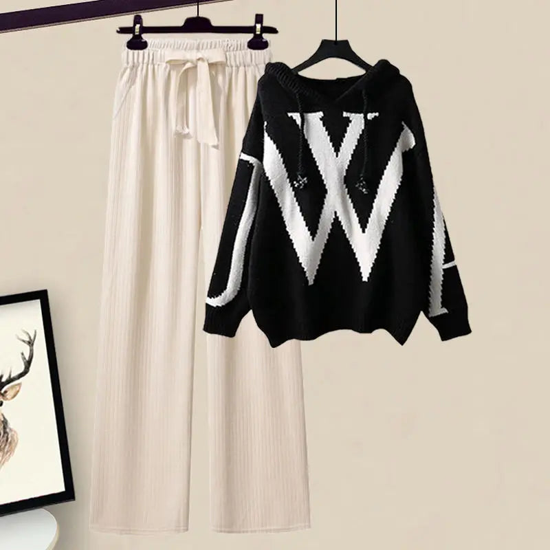 Autumn/Winter  Casual Sweater Waist Cinching and Slimming Wide Leg Pants Two-piece Set