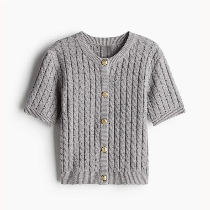 Solid O-neck Single Breasted Criss-cross Casual Knitted Short Sleeve Cardigan