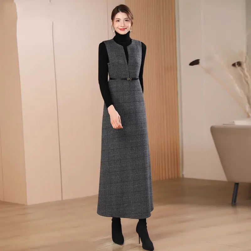 Autumn Winter New Elegant V-Neck Sleeveless High Waist Plaid Woolen Dress