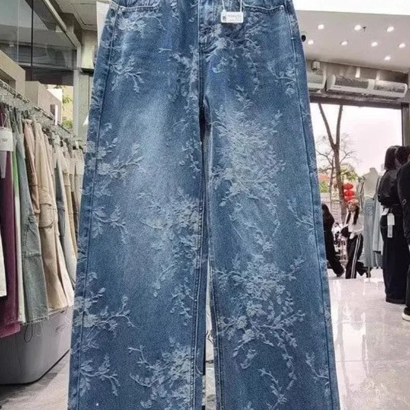 Korean Jacquard Wide-Leg Jeans