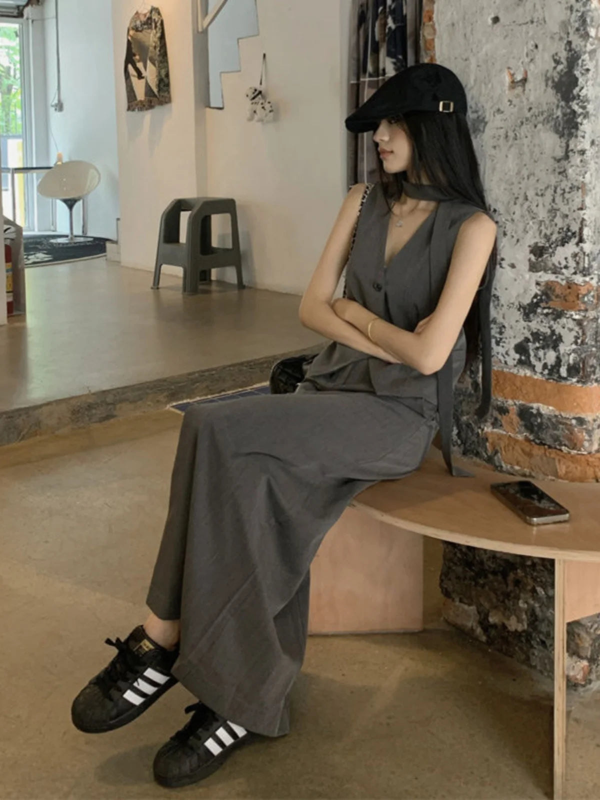 Retro Grey Sleeveless High Waist Split Skirt Fashionable Two-Piece