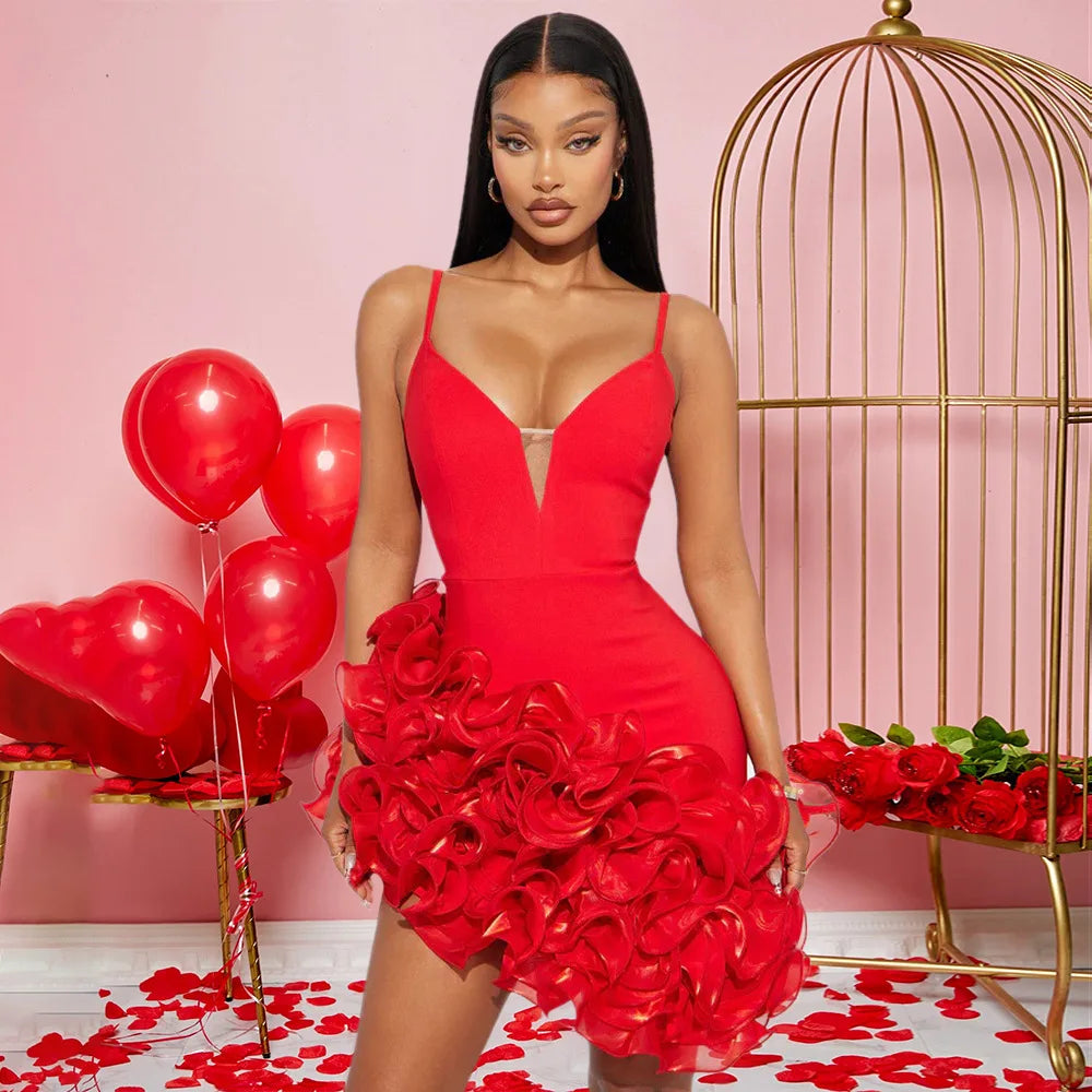 Ruffle Pleated Dress Lady Party Mini Evening Elegant Dresses 2024 Women Winter Fall Clothes Luxury Sexy Bodycon Red Dresses