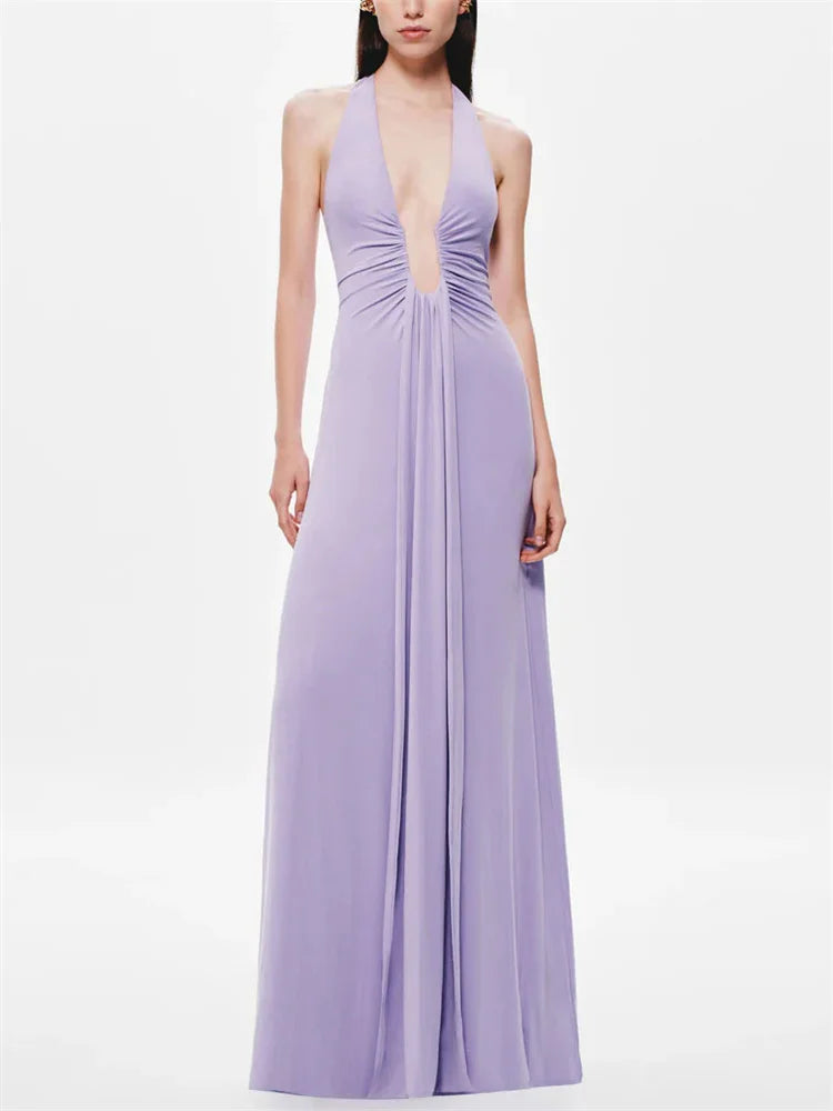 Summer Fashion V-Neck High Waist Backless Slim Pleated Solid Elegant Party Dress