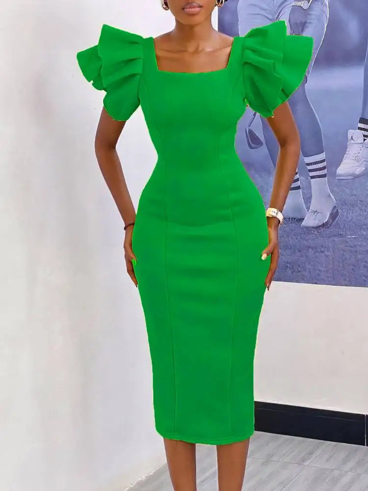 Slim Square Collar Ruffles Sleeves Bodycon Party Dresses