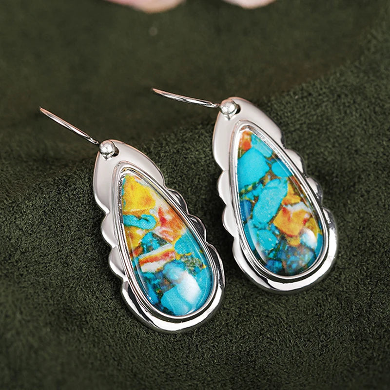 Waterdrop Shaped Boho Dangle Earrings with Stone Pattern Sticker