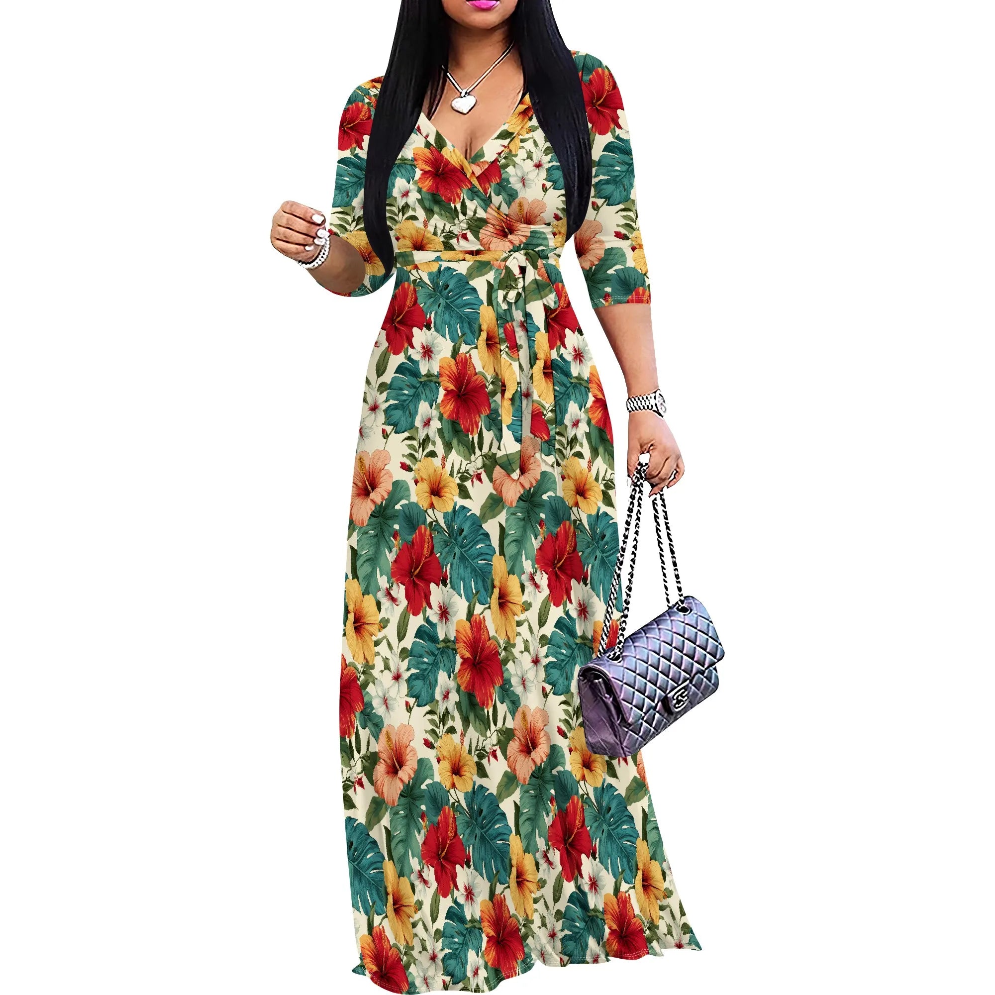 Tropical Leaf Print V-Neck Maxi Dress