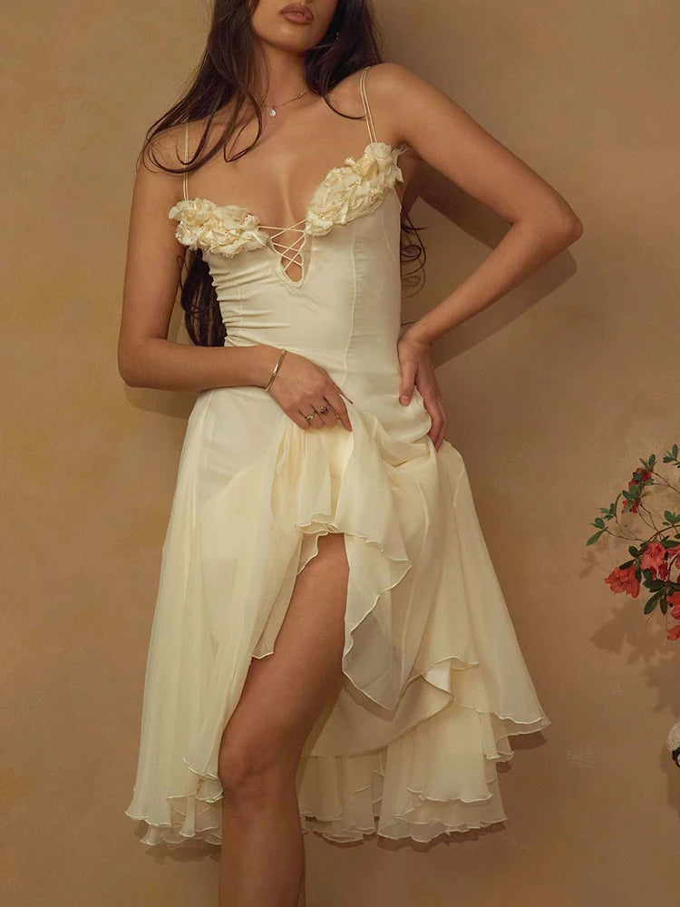 Floral Patchwork Backless Party Dress – Elegant V-Neck Summer Birthday Maxi
