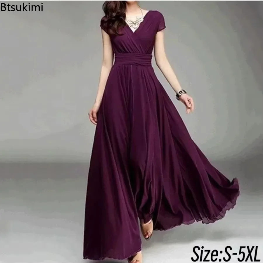 2025 Women's V Neck Short Sleeve Evening Party Dress Temperament Solid Colour Long Cocktail Chiffon High Waist Summer Dresses