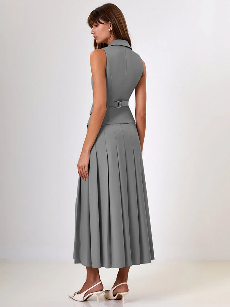 Notched Collar Pleated T Single Breasted Vest High Slit Skirt