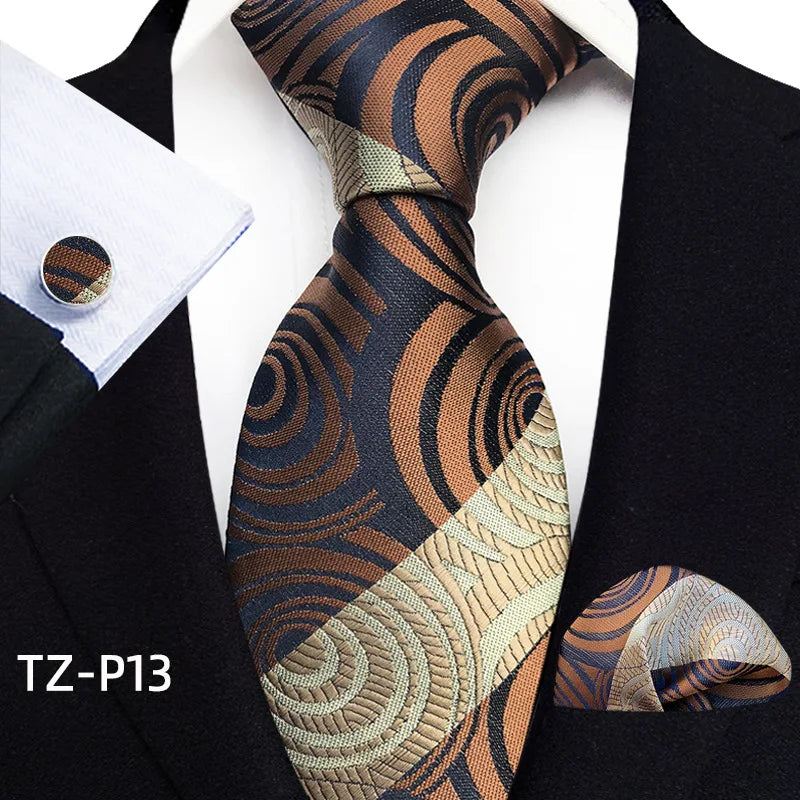 Orange Novelty Ties Plaid Flower Design Wedding Necktie Hanky Cufflinks