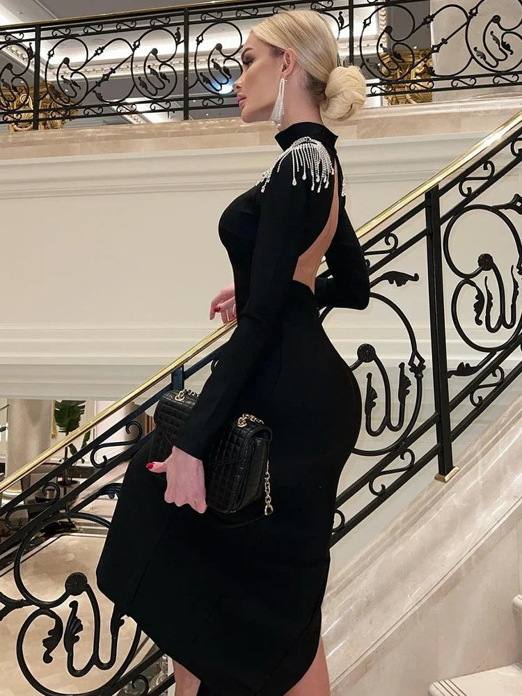 Beading Split Sexy Club Half High Neck Long Sleeve Streetwear Backless Slim Bodycon Dress