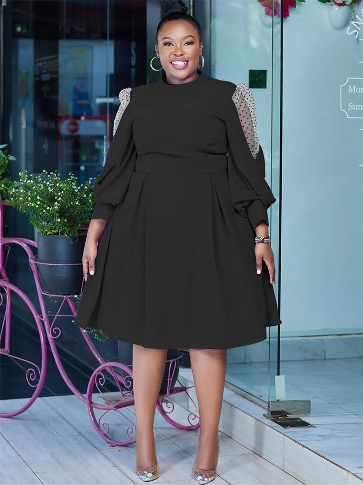 Plus Size Solid Casual Mesh Long Sleeve Midi Dress