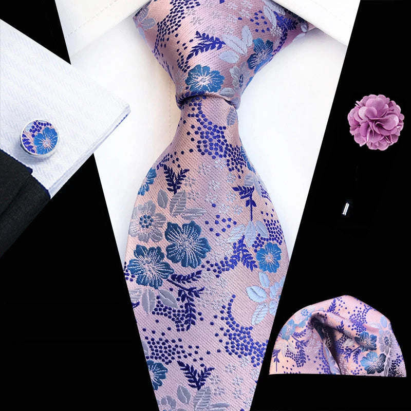 Floral  Neck Tie Set Handkerchief Brooch Cufflinks Men Accessories