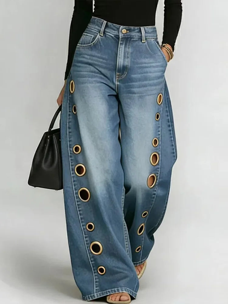 Vintage Y2K Wide Leg Jeans – Hollow Out Streetwear Pants for All Seasons
