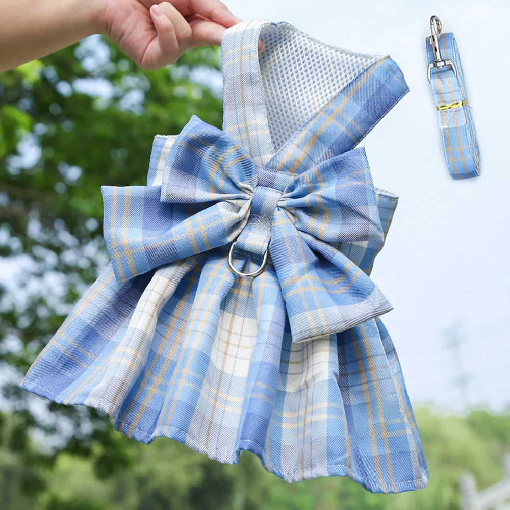 Plaid Dog Dress Bow Tie Harness Leash Set for Small Dogs Cats