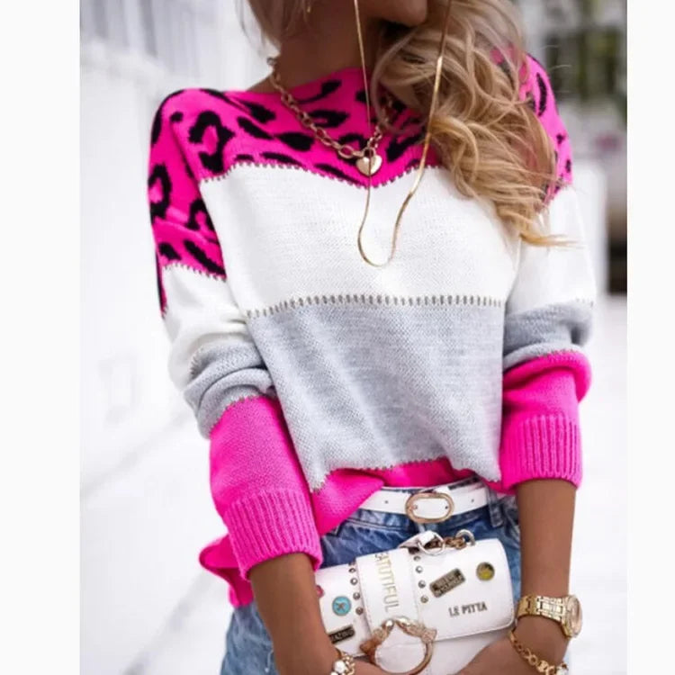 Leopard Print Tops Knitted Mock Neck Full Sleeve Casual Knit Sweater