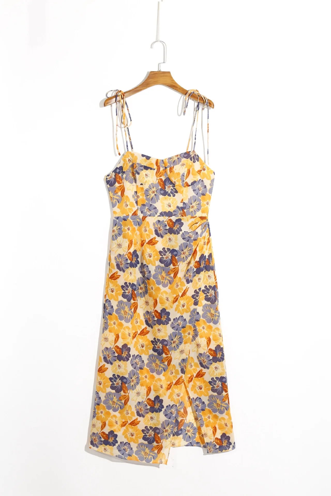 Retro French Style Orange Floral Print Bandage Spaghetti Strap Midi Dress