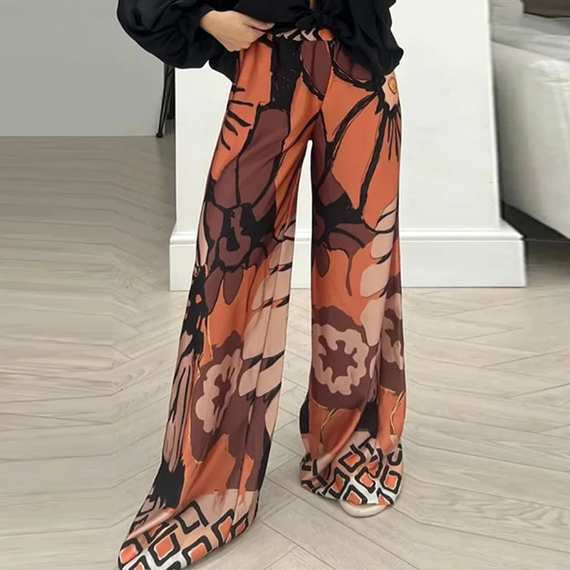 All Season Loose Casual Mid Waist Print Long Pants